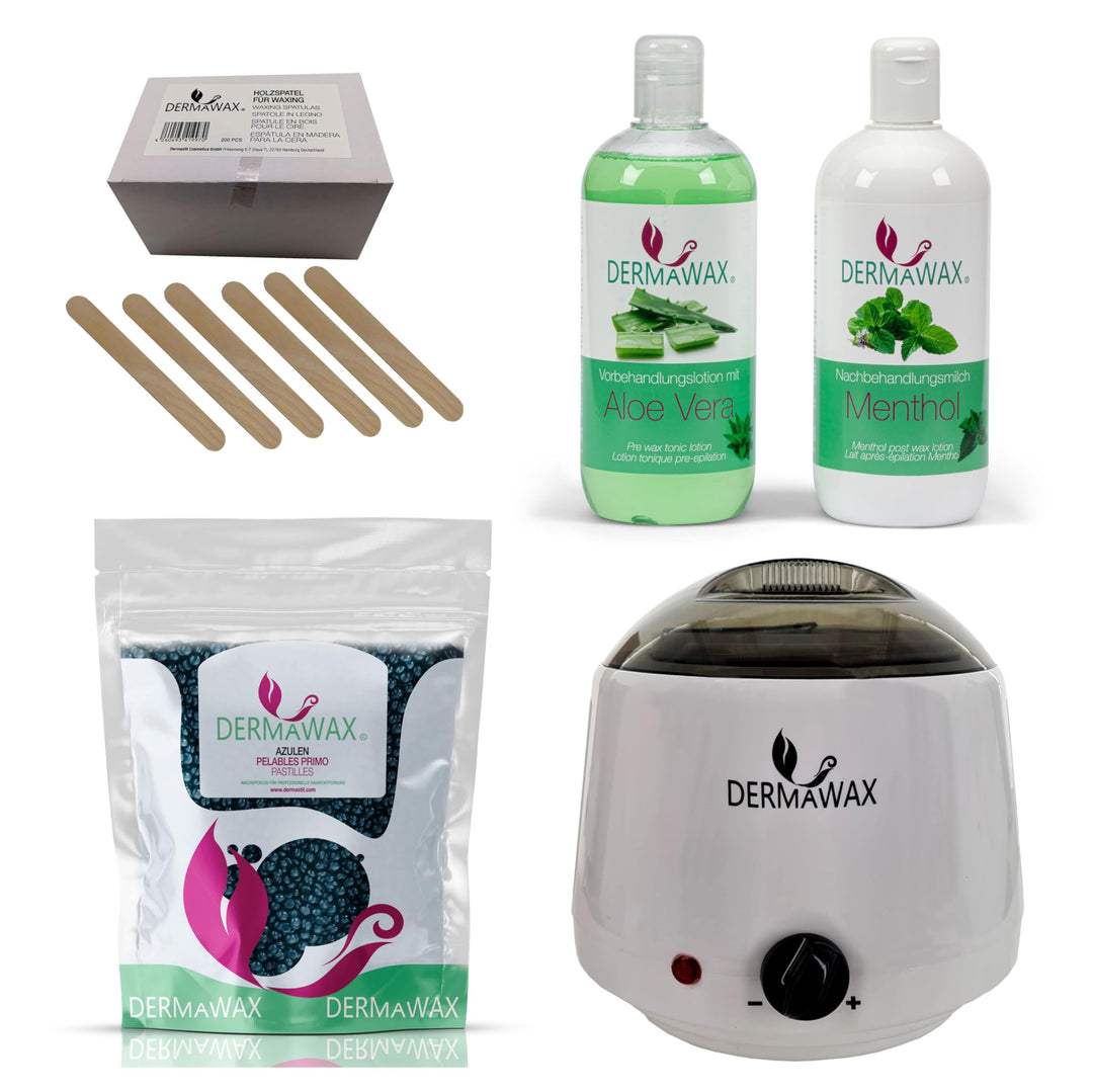 Dermawax Profi Waxing Set- 1000 ml Wachsgerät- Made in Spanien- 1 kg Azulen Wachsperlen- 500 ml Aloe