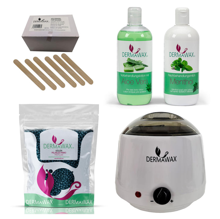Dermawax Profi Waxing Set- 1000 ml Wachsgerät- Made in Spanien- 1 kg Azulen Wachsperlen- 500 ml Aloe