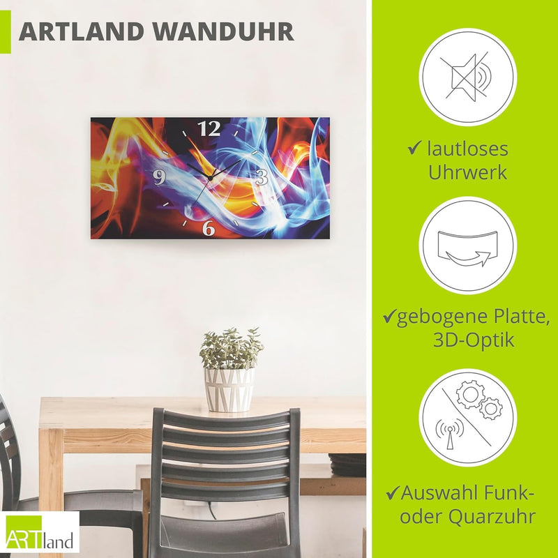 ARTLAND Wanduhr ohne Tickgeräusche Alu Funkuhr lautlos 50x25 cm Rechteckig Abstrakte Bilder Flammen