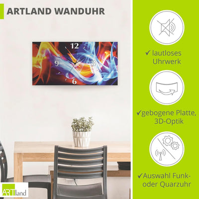 ARTLAND Wanduhr ohne Tickgeräusche Alu Funkuhr lautlos 60x30 cm Rechteckig Abstrakte Bilder Flammen