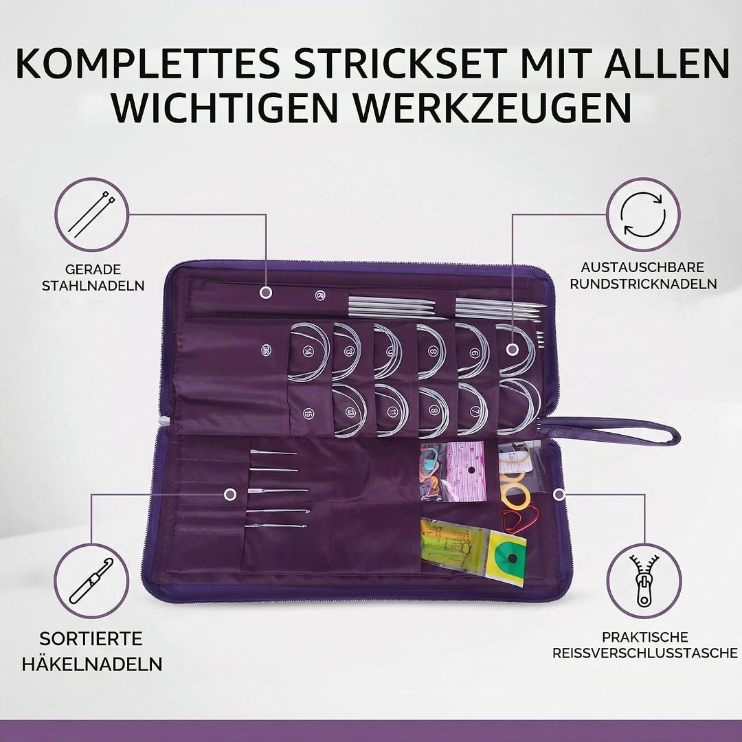 Rundstricknadeln Set, Edelstahl Stricknadeln langen und kurz Häkelnadel Set mit Strickzubehör Austau