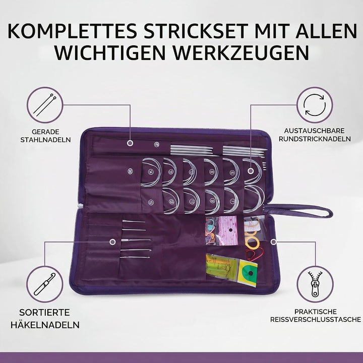 Rundstricknadeln Set, Edelstahl Stricknadeln langen und kurz Häkelnadel Set mit Strickzubehör Austau