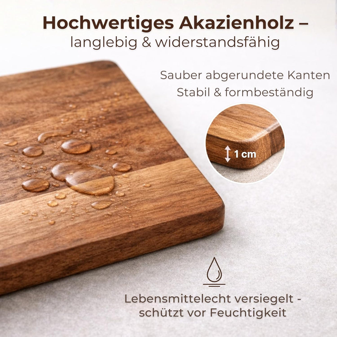 Frühstücksbrettchen Holz Set (5er) aus Akazie mit Ständer – kleine Schneidebretter 26×16 cm für Küch