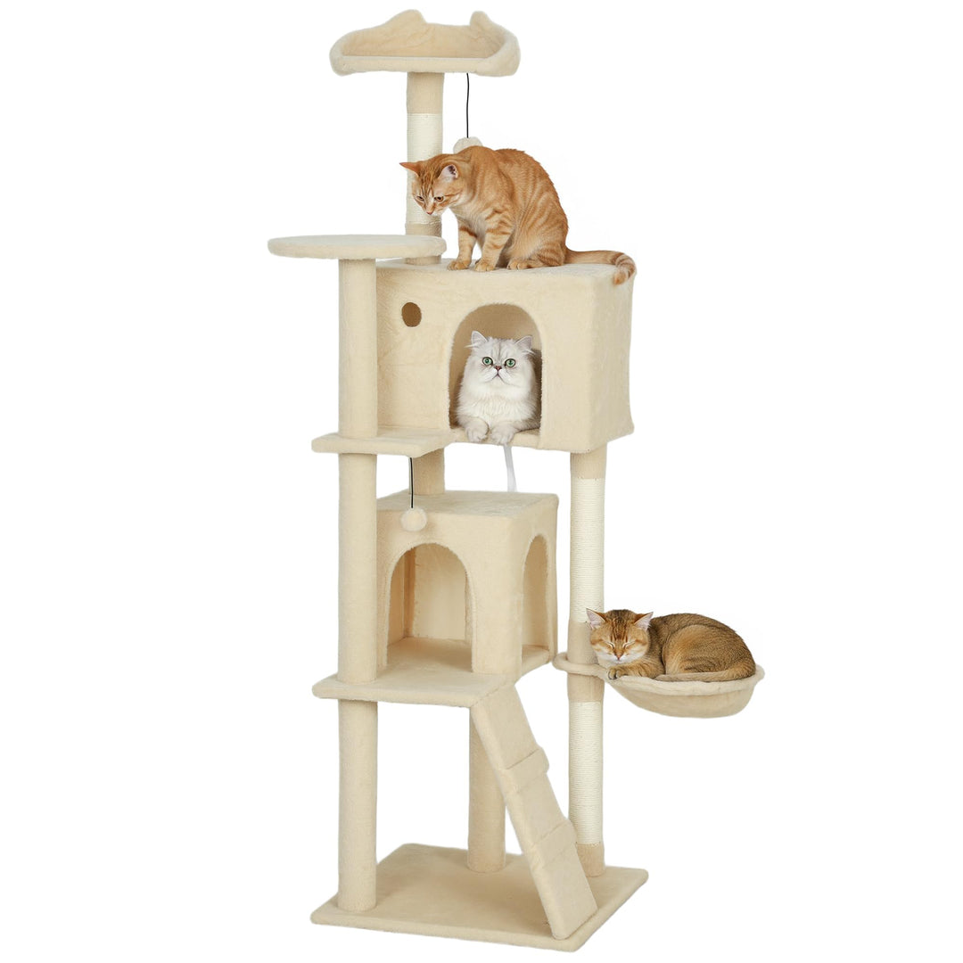 PawHut Kratzbaum, 160 cm hoch Katzenbaum mit 2 Höhlen, Korb, Hängematte, 2 Bällen, Katzenbett mit Ka