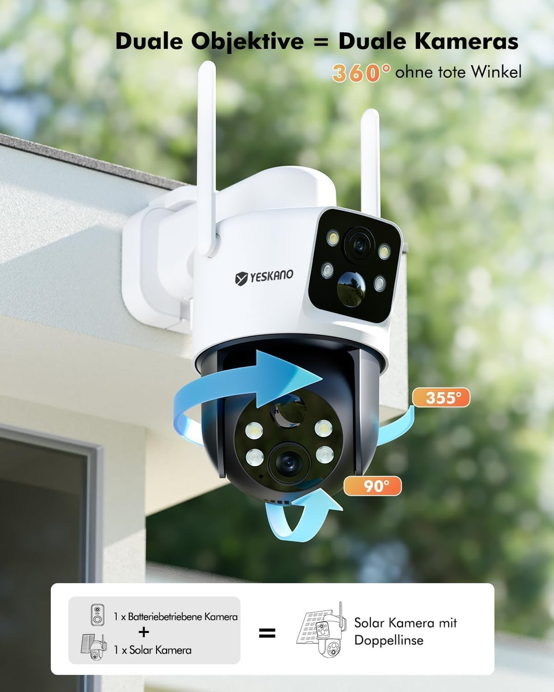 YESKANO 2K Überwachungskamera Aussen Solar, 360° PTZ Solar Kamera Outdoor mit Dual Objektiv, Kabello