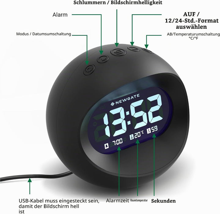 NEWGATE® Digital Centre of The Earth Wecker (Schwarz mit schwarzem LCD-Display) Black With Black Lcd