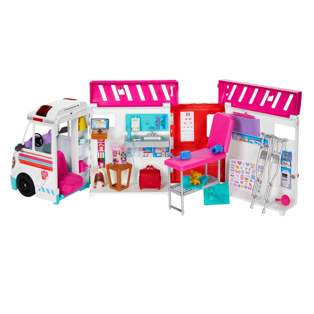Barbie 2-in-1-Krankenwagen Spielset, Rettungswagen mit Lichtern und Geräuschen, umwandelbar in Pfleg