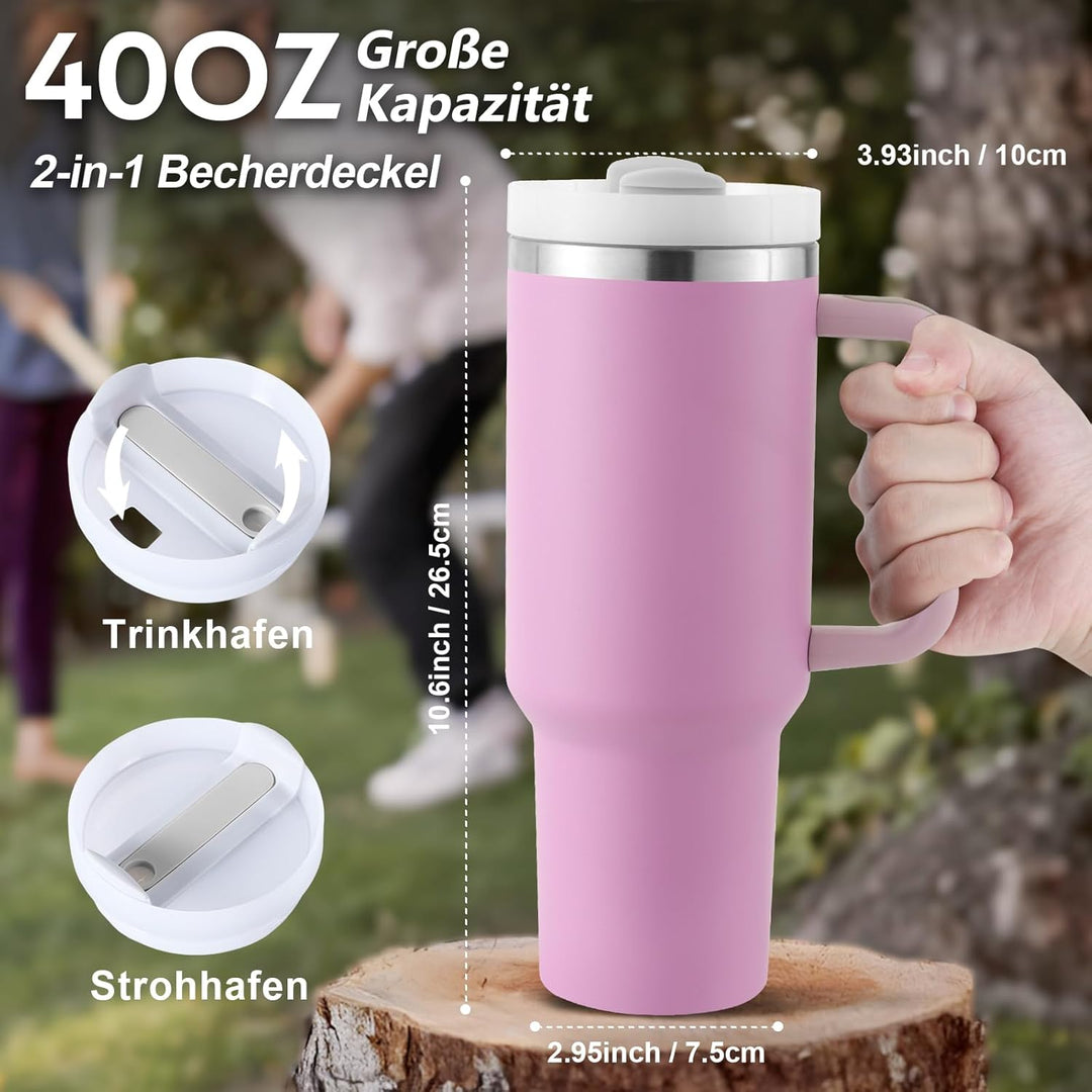 40oz Thermobecher mit Strohhalm und Henkel,1180 ML Doppelwandiger Edelstahl Heisse Kalte Getränke Va