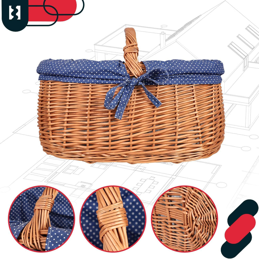 KOTARBAU® Natural Weidenkorb mit Henkel gross | mit Stoffeinlage in Blau | Tragekorb aus Weide Einka