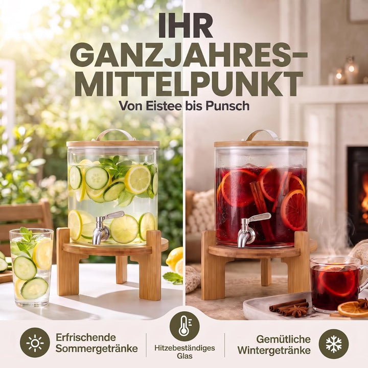 Getränkespender mit tropfsicheren Zapfhahn aus Edelstahl Wasserspender aus Glas mit Bambus Ständer u