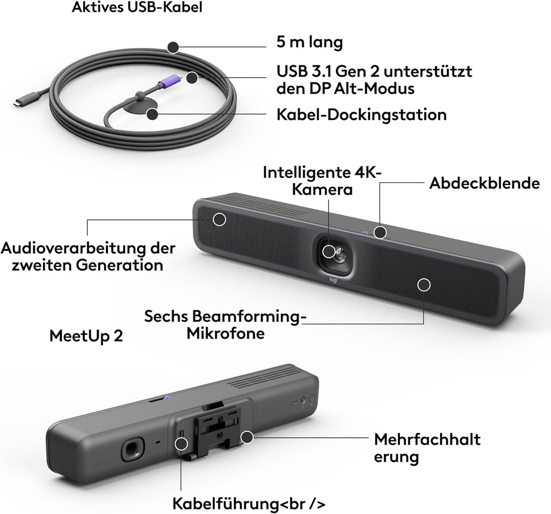 Logitech MeetUp 2 All-in-One USB Conference Room Camera, Compact Video Bar with Built-in AI Features
