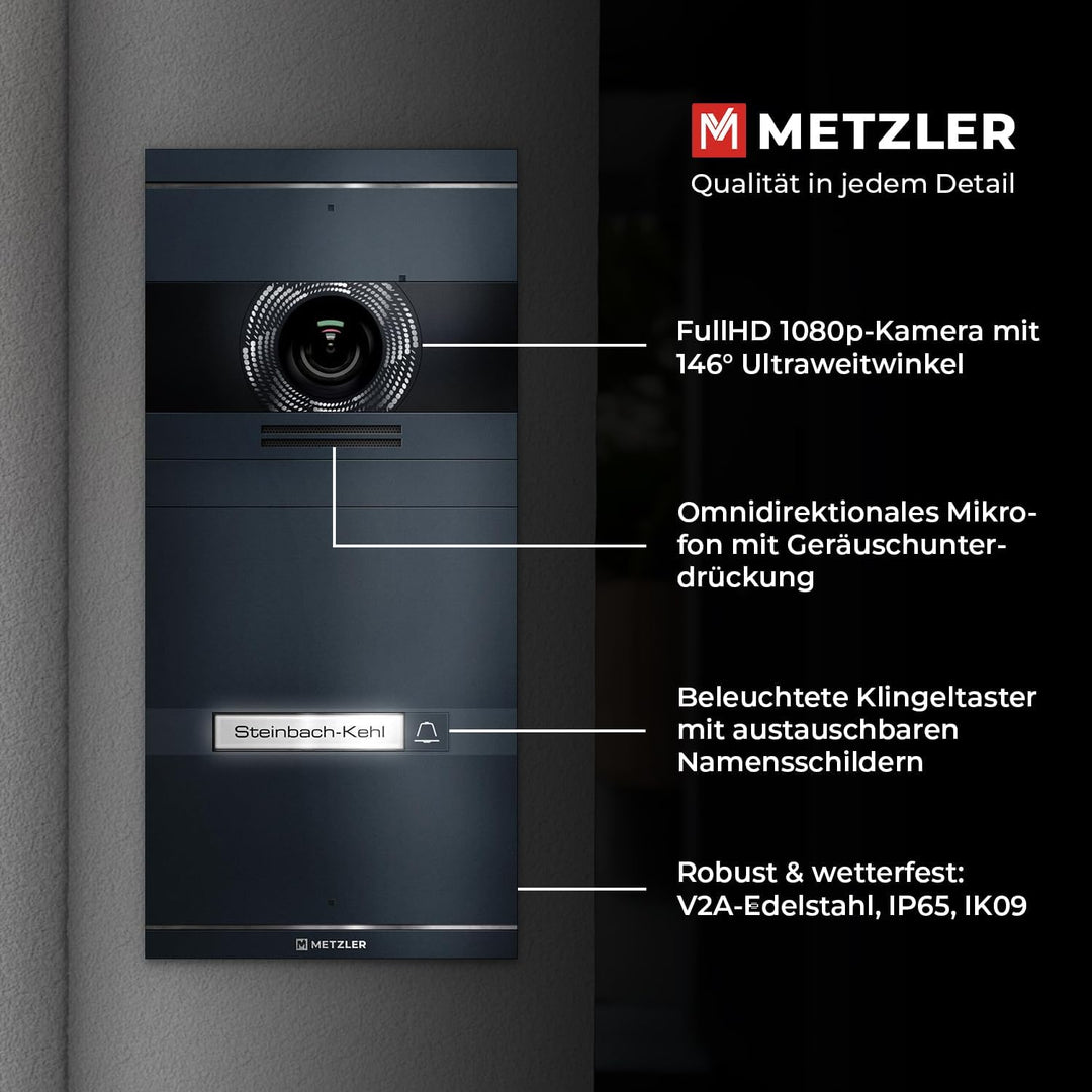 Metzler VDM10 2.0 Video Sprechanlage Komplett Set - mit austauschbarem Namensschild - LAN/POE - Türs