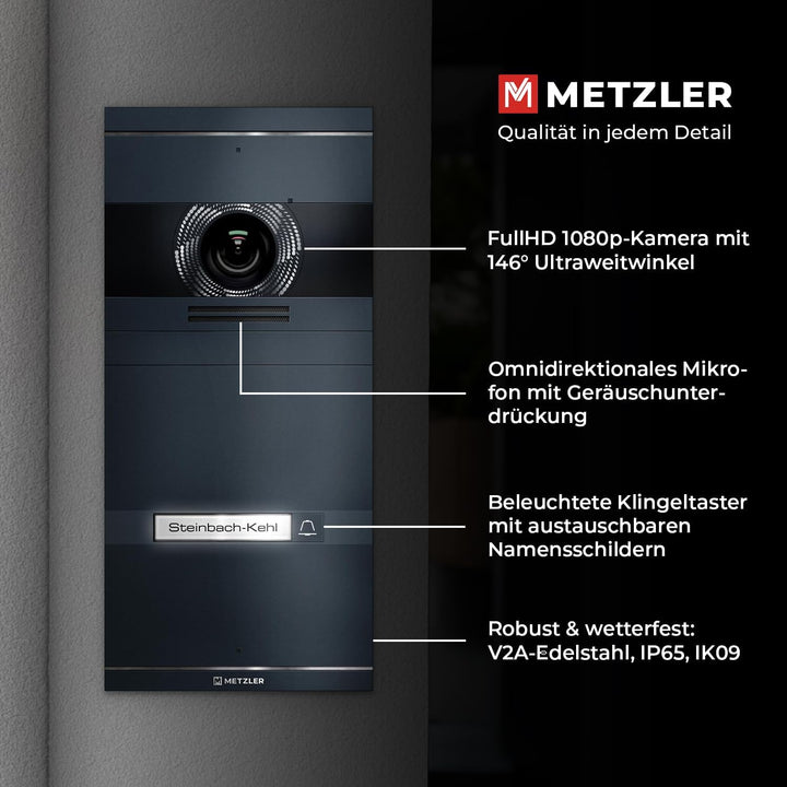 Metzler VDM10 2.0 Video Sprechanlage Komplett Set - mit austauschbarem Namensschild - LAN/POE - Türs