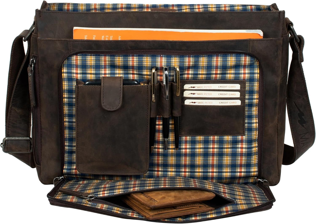 Marc Peter® Bergen leder Umhängetasche für Herren und Damen | 15.6 Zoll Laptoptasche | Aktentasche a