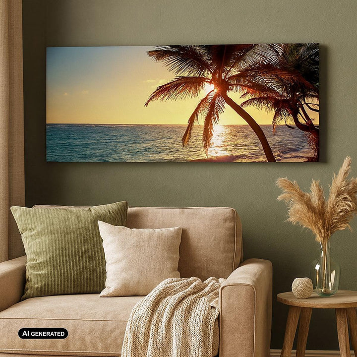 ARTTOR Bilder auf Leinwand 100x40cm Leinwandbild Wolke exotischer Palm- Landschaft Gross Wanddeko Bi