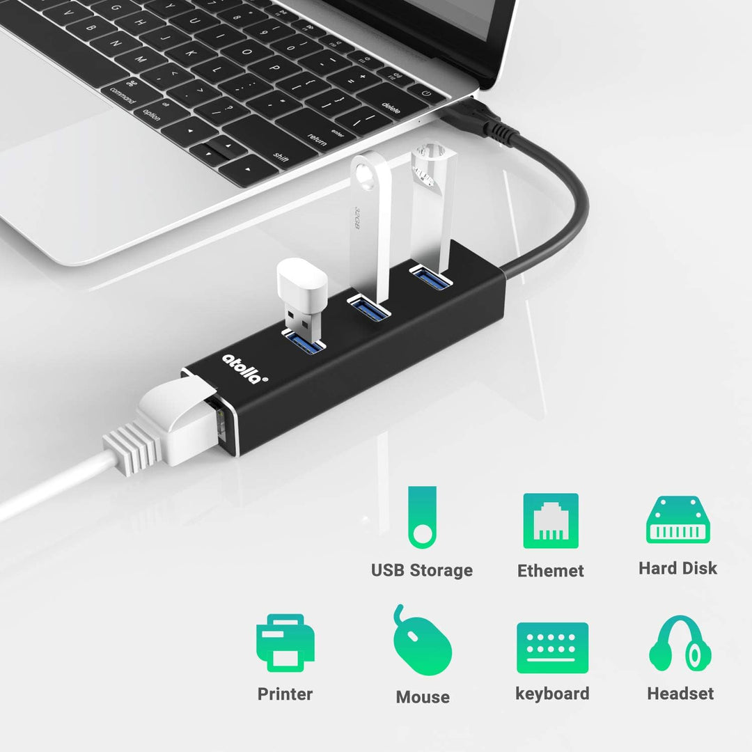 atolla USB LAN Adapter, Aluminium USB Hub mit 3 USB 3.0 Ports und RJ45 Gigabit Ethernet Netzwerkadap