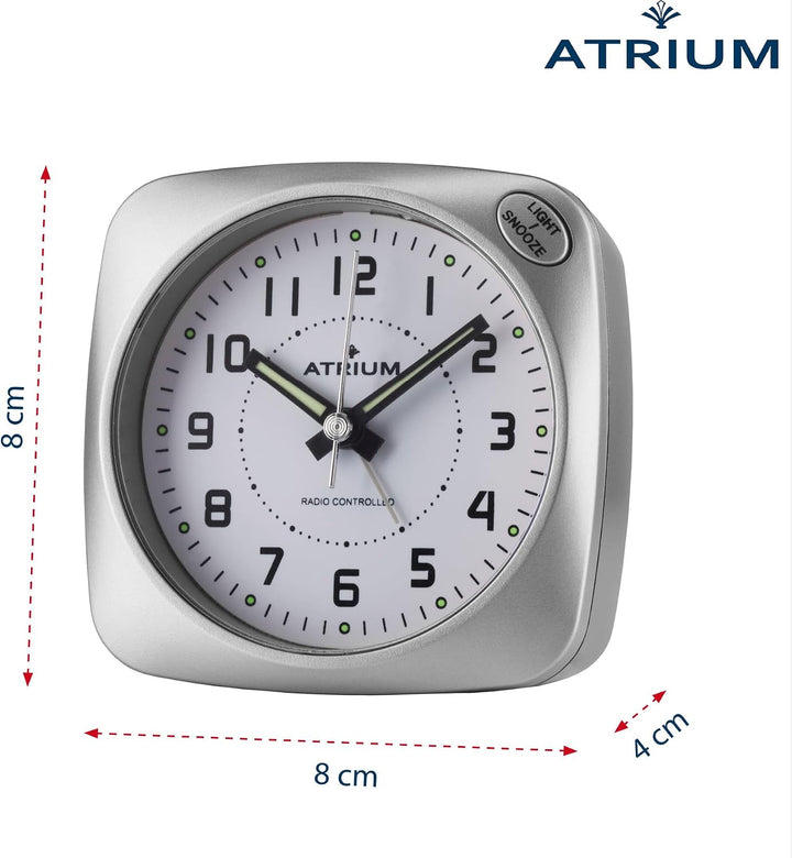 Atrium Funkwecker Analog Quarz ohne Ticken grosse Zahlen sehr deutlich mit Licht und Snooze Silber A
