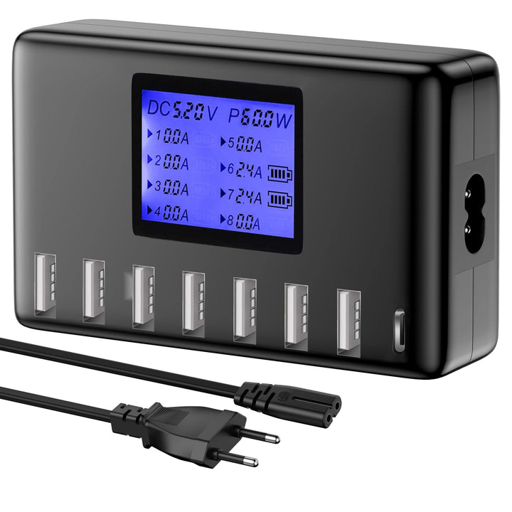 USB Ladegerät, 60W 8 Ports USB Ladestation 12A USB C mit LCD Display für mehrere Geräte, USB C Hub f