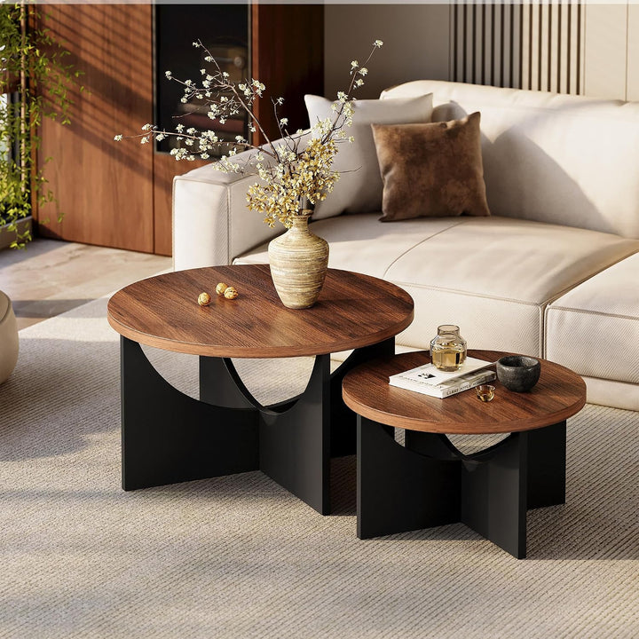 IRONCK Nestingtisch Set aus 2, Couchtisch rund, Moderner Couchtisch aus Holz für Wohnzimmer & Schlaf