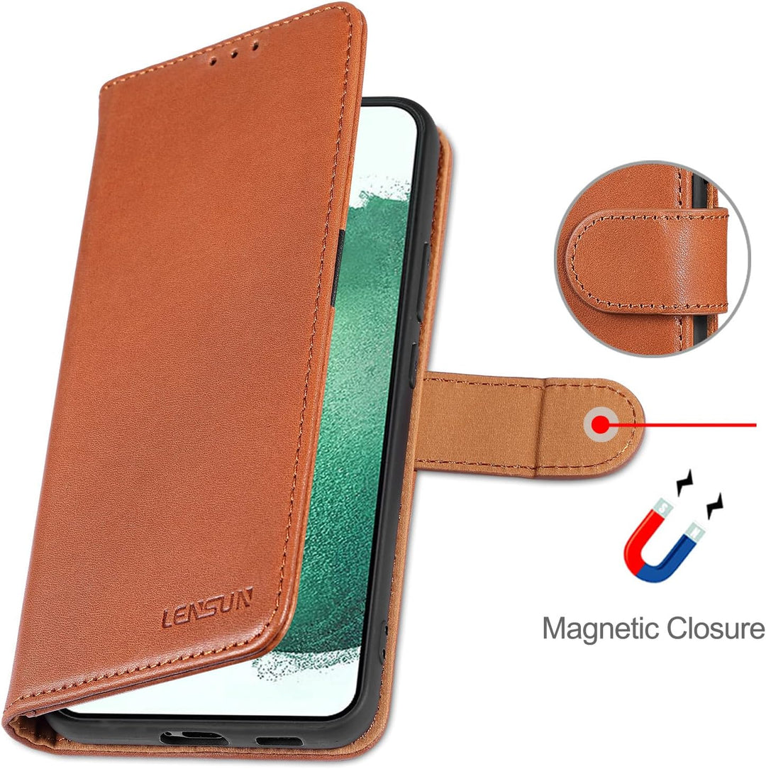 LENSUN Echtleder Hülle für Samsung Galaxy S22 Plus, Handyhülle [Echtes Leder][Magnetverschluss][RFID