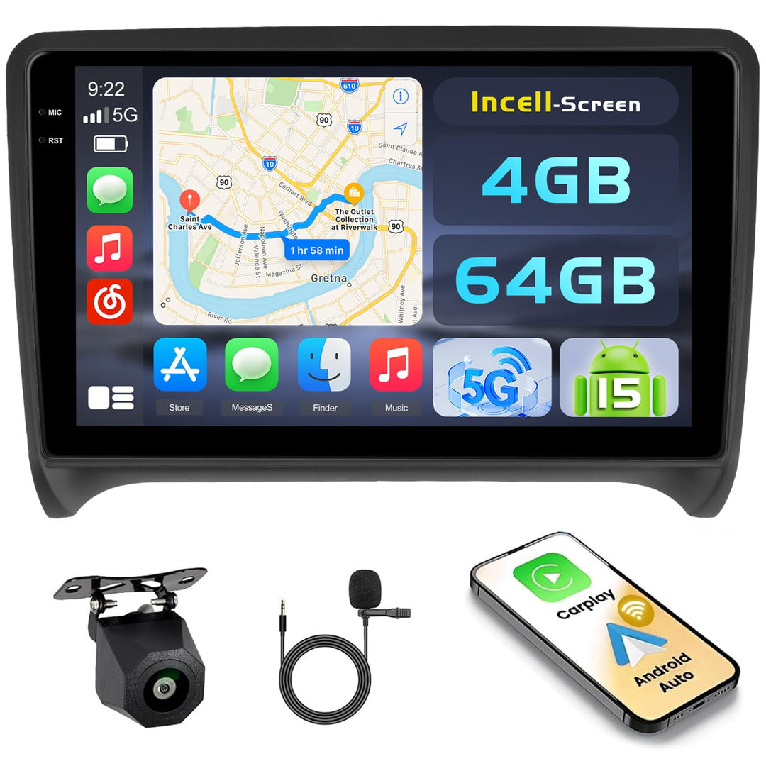 Hikity Android 15 4+64G Autoradio für Audi TT Mk2 2006-2014 mit 9 Zoll Incell Touchscreen, Autoradio