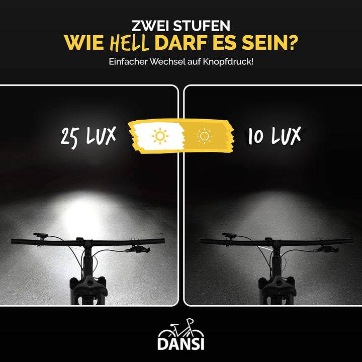 DANSI Ahead 25 Fahrradlicht Set - Fahrrad Licht 25/10 LUX + Rücklicht bis 300m Sichtweite - USB-C Au