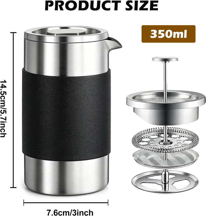 BORDEAG French Press Edelstahl, 304 Edelstahl Kaffeepresse doppelwandig isoliert, Travel Press Kaffe