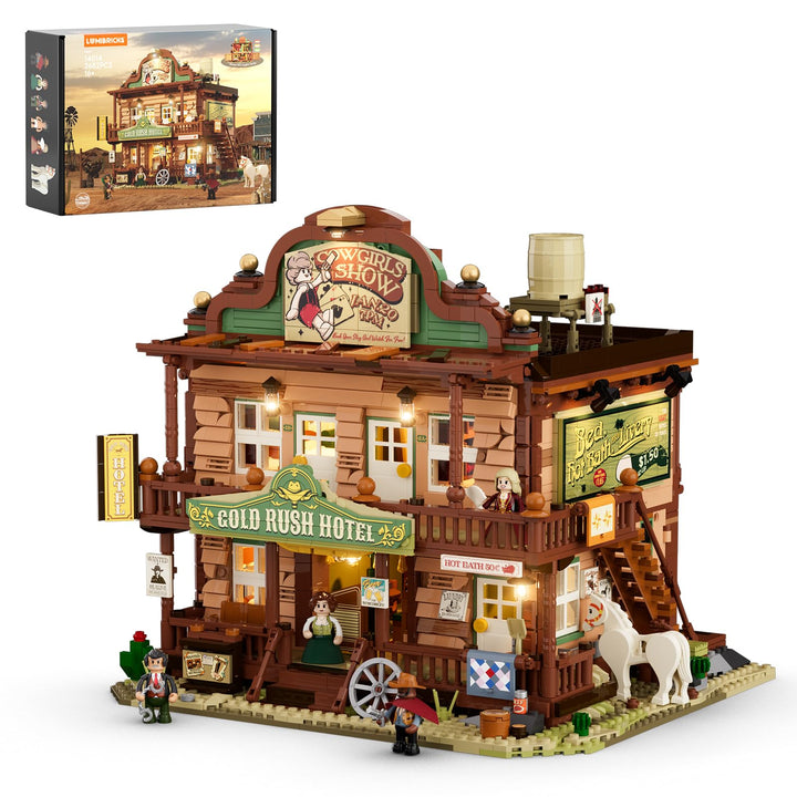 Old West Inn Bausteine Set, 2682 Teile Westernstadt Hotel mit LED-Beleuchtung, vollständig zu öffnen