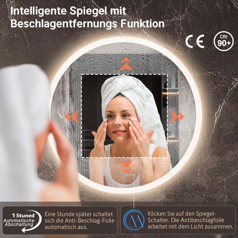 60cm Runder Badspiegel mit Beleuchtung, 3D Edge Lighting, 3 Farbtemperaturen, Dimmbar, Badezimmerspi