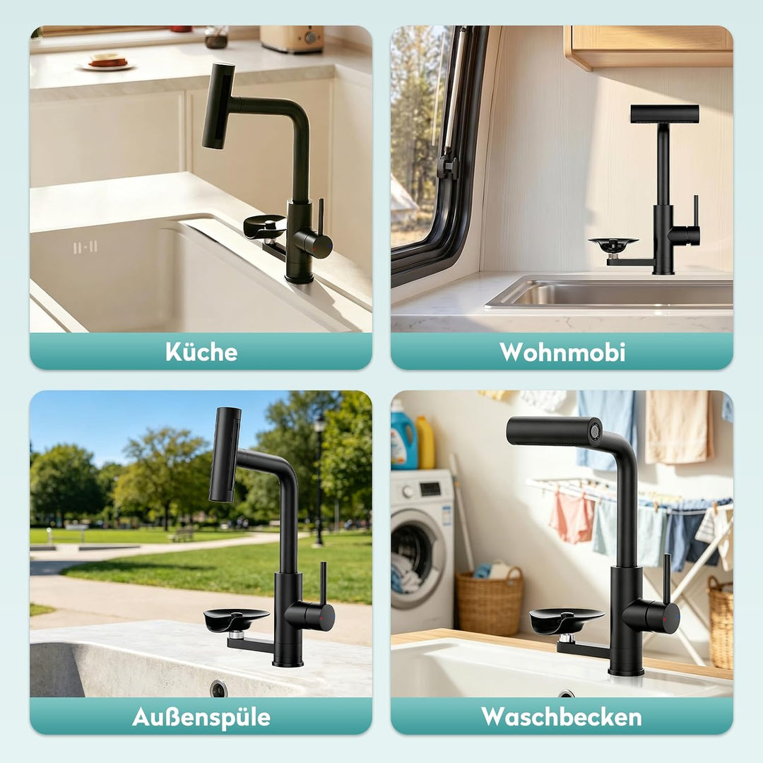 MIAOHUI Wasserhahn Küche mit Glasspüler, Schwarz | 4 Funktionen Armatur Küche Ausziehbar, Einhebel k