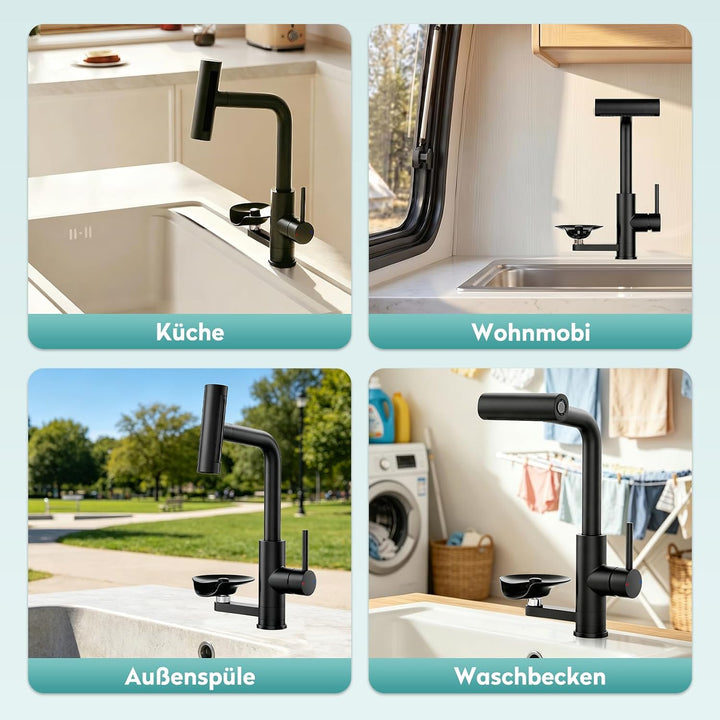 MIAOHUI Wasserhahn Küche mit Glasspüler, Schwarz | 4 Funktionen Armatur Küche Ausziehbar, Einhebel k