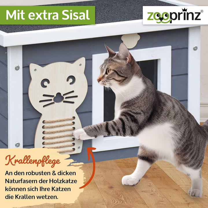 zooprinz Premium Holz Katzenhaus – Katzenkiste mit Dach zum Öffnen, Fenster und Schwingtür – Sisalba