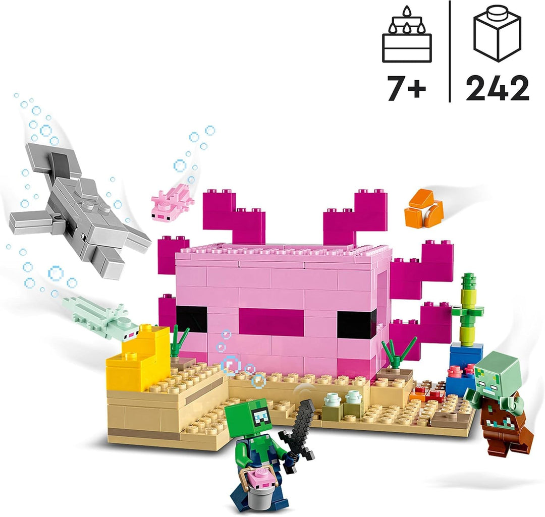LEGO 21247 Minecraft Das Axolotl-Haus Set, baubare rosa Unterwasserbasis mit Taucherforscher, Zombie