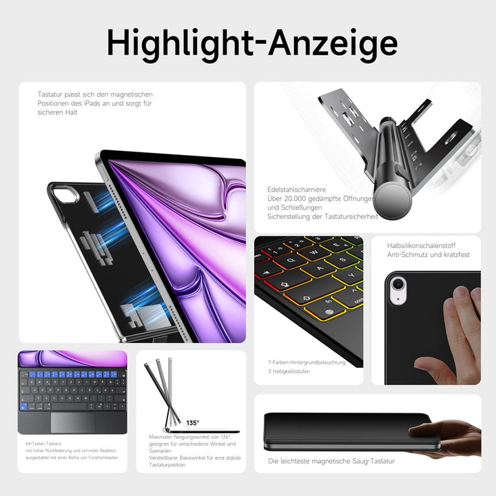 HOU iPad Air 13 Hülle mit Tastatur 2024(M2),iPad Pro 12.9 Hülle mit Tastatur (6th/5th/4th/3rd) Gen 2