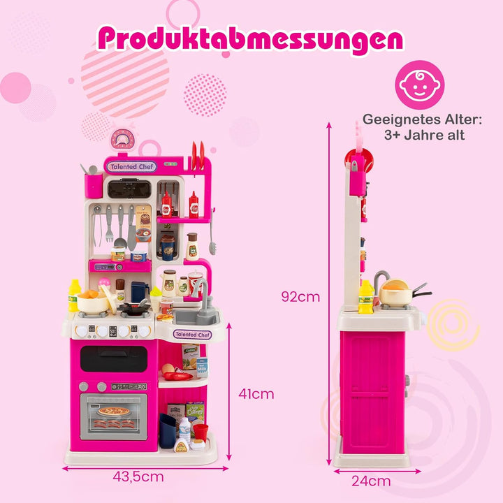 COSTWAY Kinderküche mit 95 Zubehör, Spielküche mit Licht, Sound & Dampf, Kinder Küche mit Kochherd,