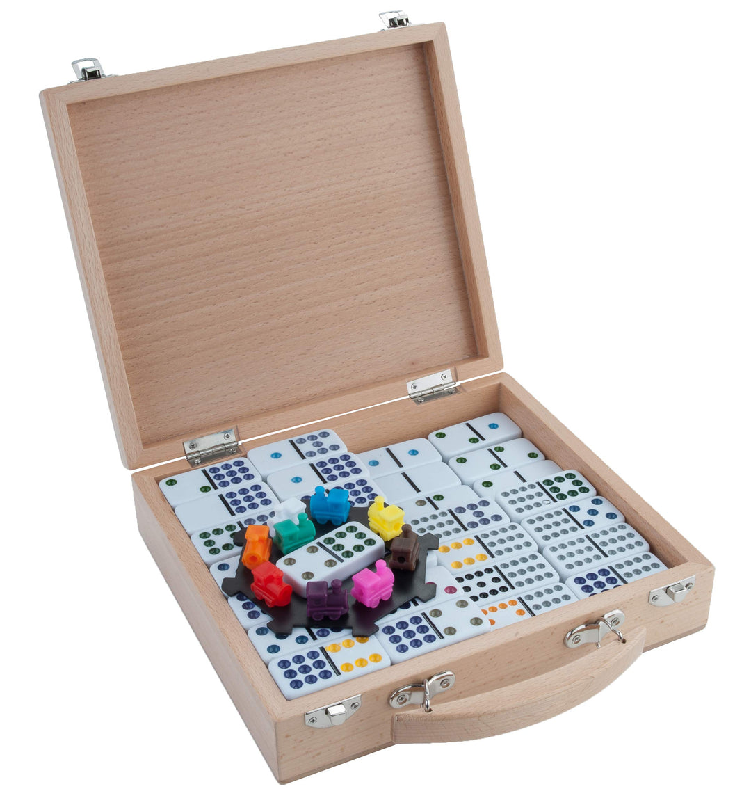 Engelhart - 250150 - Mexikanischer Dominozug D12 - Mexican Train Domino mit hochwertigem Holz Koffer
