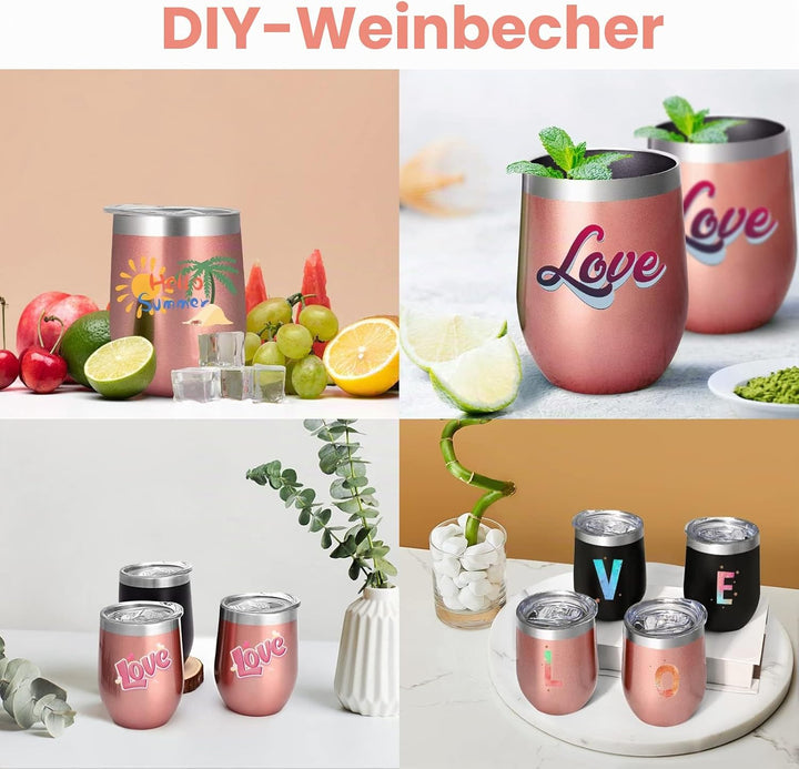 Joymaking 4 Stück Weinbecher Edelstahl, Stemless Weinbecher mit Deckel, Doppelwandige Unbreakable Tr