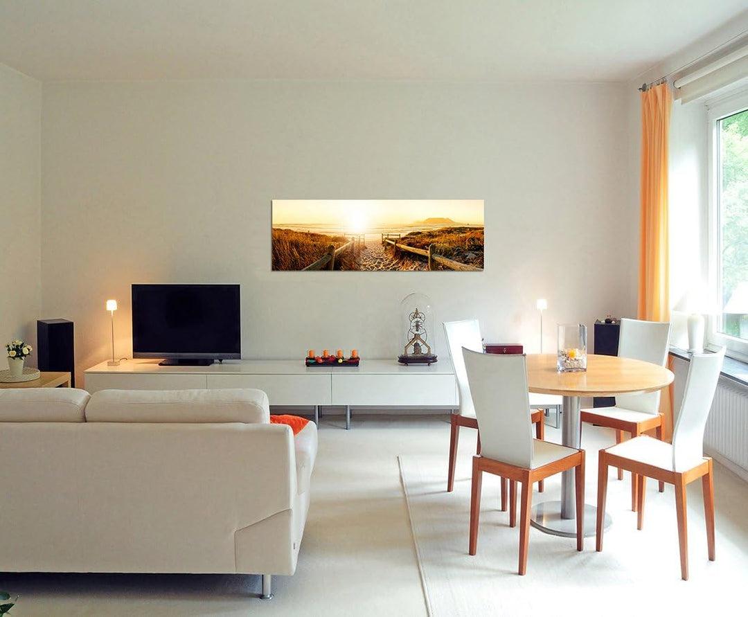 Paul Sinus Art Panoramabild auf Leinwand und Keilrahmen 120x40cm Dünen Strand Sonnenuntergang Meerbl