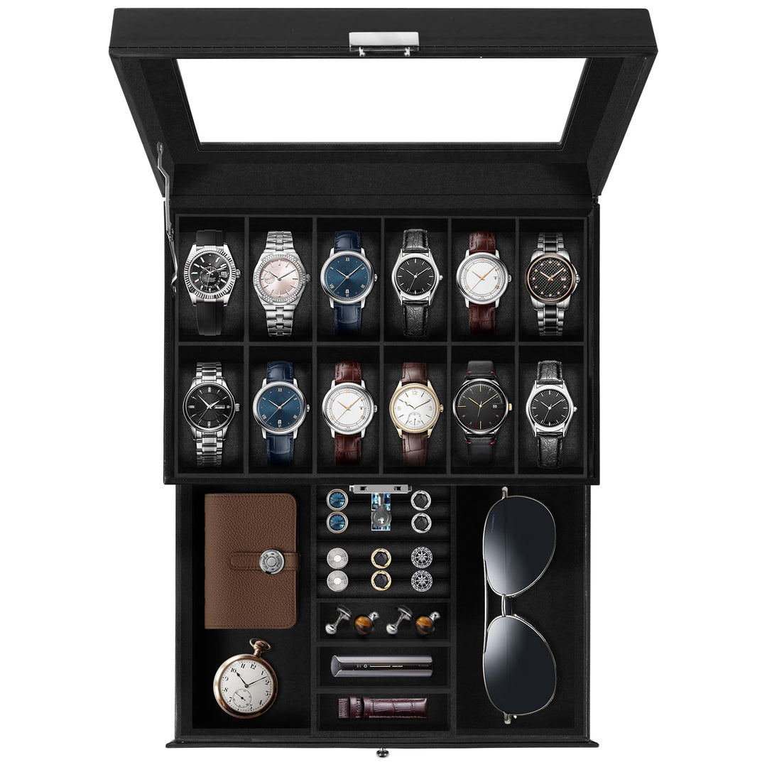 Uten Uhrenbox, 12 Fächern und 1 Schublade mit Schlüsselschloss, Glasdeckel, Schwarzes PU, Schwarzes