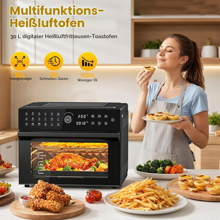 Heissluftfritteuse XXL 30L – Heissluftofen mit Umluft, 18 Programme, 9 Zubehörteile, LED-Touchscreen