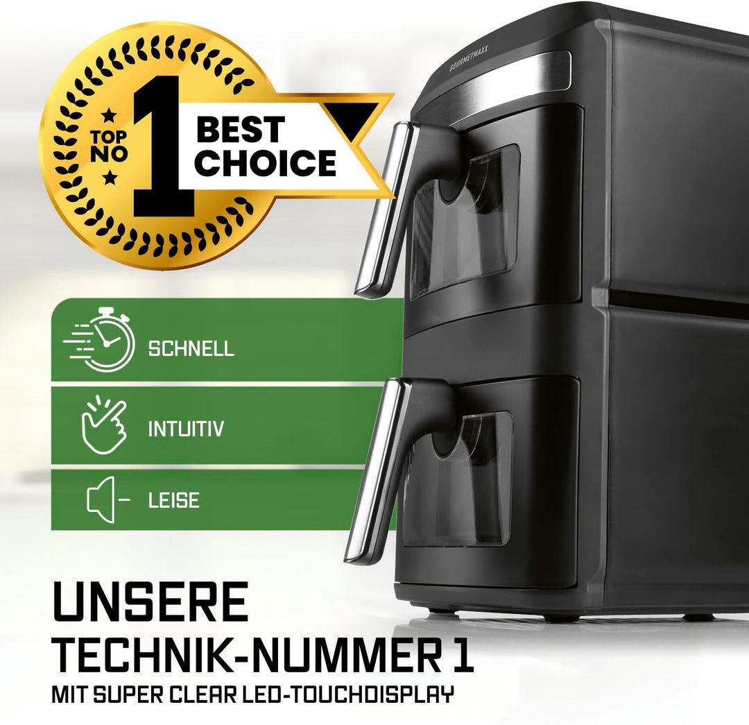 GOURMETmaxx FryUp XXL vertikale Doppelkammer Heissluftfritteuse - 12 L | Airfryer mit Sichtfenster,