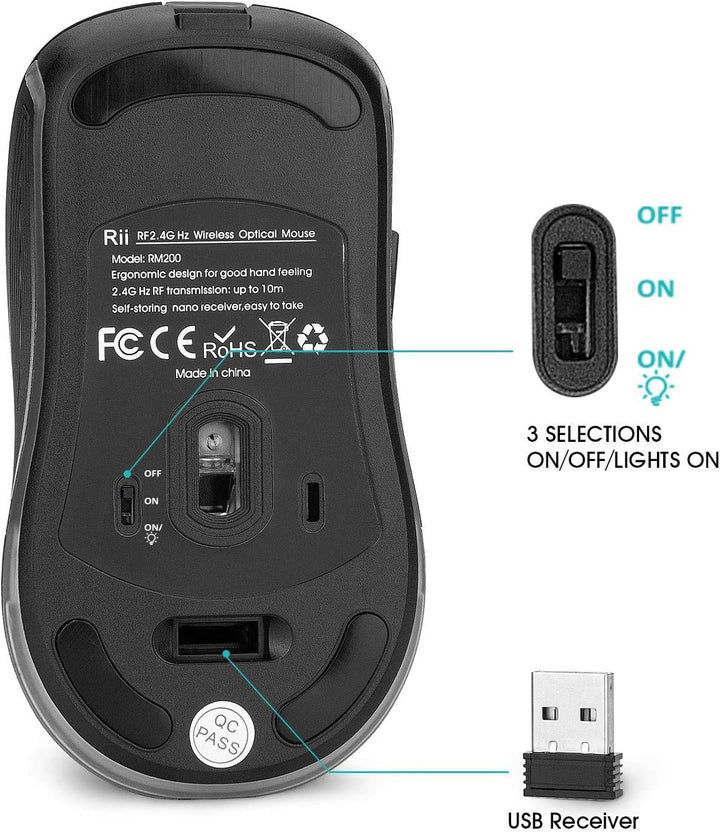 Rii Gaming RM200 Wireless - Drahtlose Gaming Maus, 1600 DPI, 5 Tasten, wiederaufladbar, mit bunten L