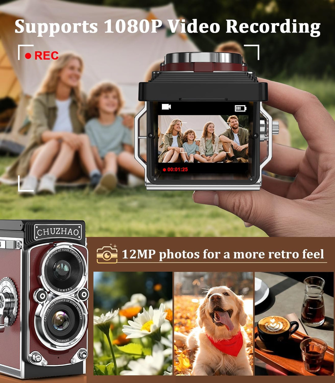 Retro Mini Digitalkamera, 1080P FHD Video Digital Retro Kamera mit 16GB Speicherkarte, 12MP Autofoku