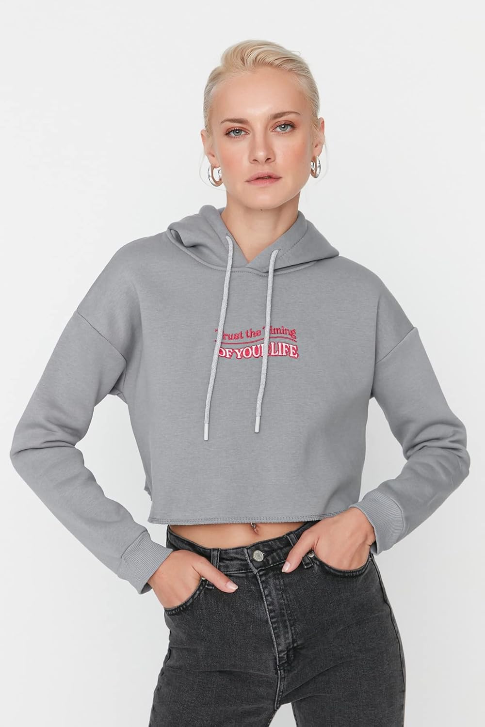 TRENDYOL Damen Hood with Slogan Schnitt Sweatshirt XS Gray, XS Gray