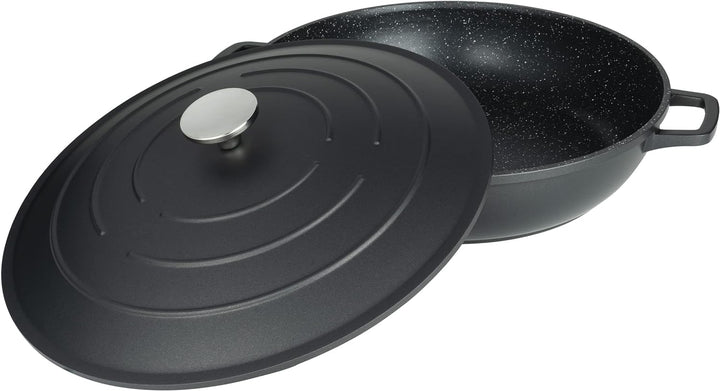 Commichef Flache Kasserolle, Auflaufform, Schwarz, Aluminiumguss, Mit Deckel, 32cm Durchmesser, 6 Li