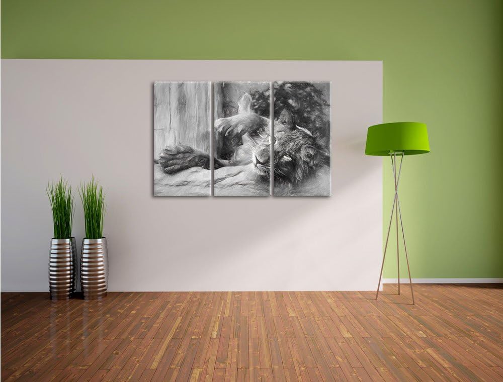 Pixxprint verspielter Kleiner Löwe Kunst / 3-Teilig/Gesamtmass 120cm Leinwandbild bespannt auf Holzr