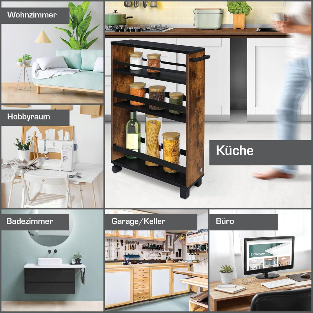 bomoe Nischenregal 15cm breit – Küchenwagen Küchenregal Schmal – Rollwagen Schmal 3 Fächer & Arbeits
