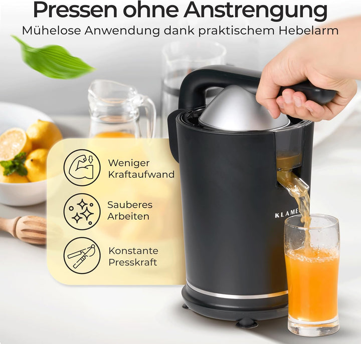 KLAMER Saftpresse elektrisch mit zwei Presskegeln – Zitruspresse für Orangen, Zitronen, Limetten & G