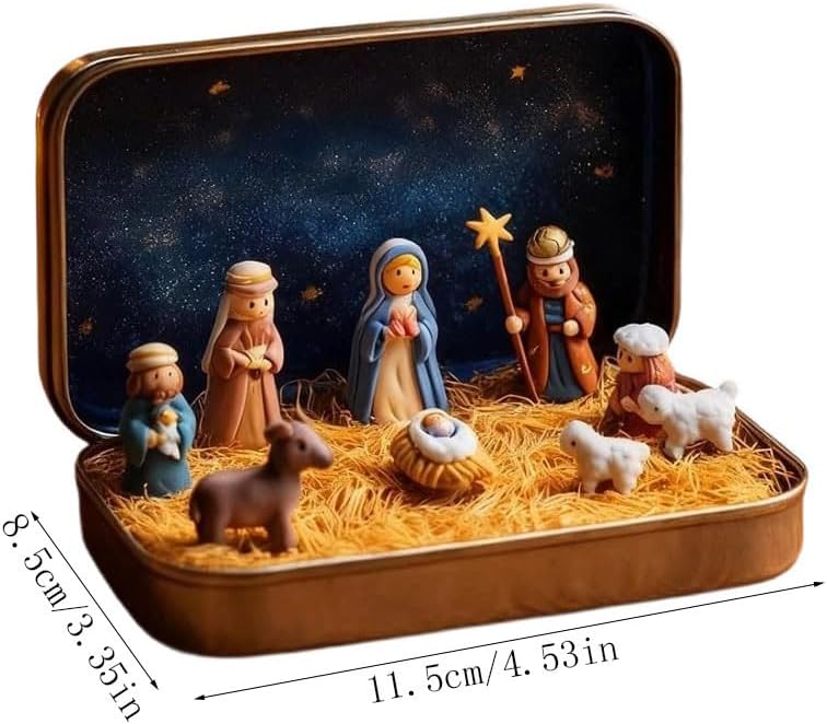 2er Mini Weihnachten Krippe Set In Einer Metalldose, 3D Krippenfiguren Set A+b, A+b