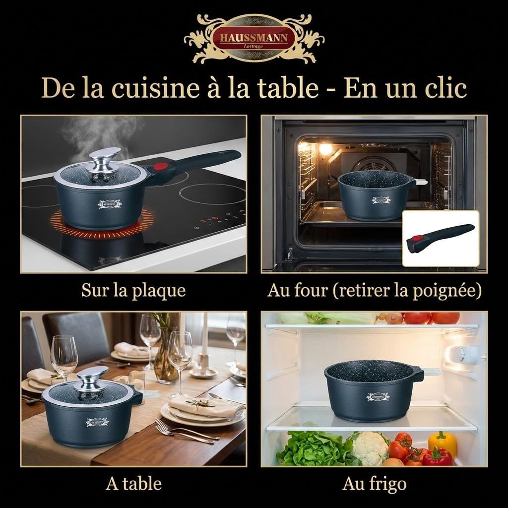 HAUSSMANN Heritage-Serie mit 3 Stieltöpfen, 16/18/20 cm, abnehmbarer Griff, Aluminiumguss, Steinbesc